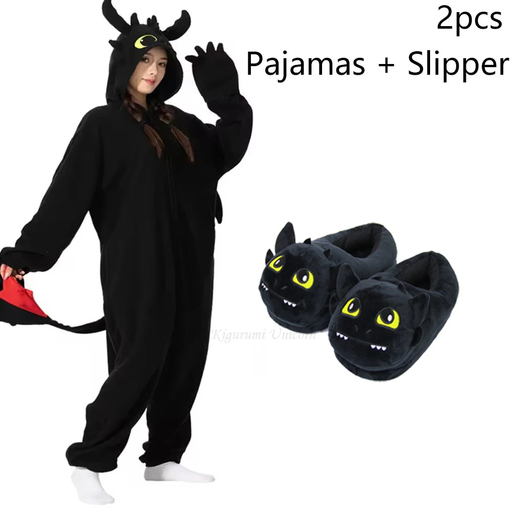 Black Toothless Dragon Onesie Pajamas Adult Kids Kigurumi Unicorn Jumpsuit Animal Pijamas Train Halloween Cosplay Winter Slipper