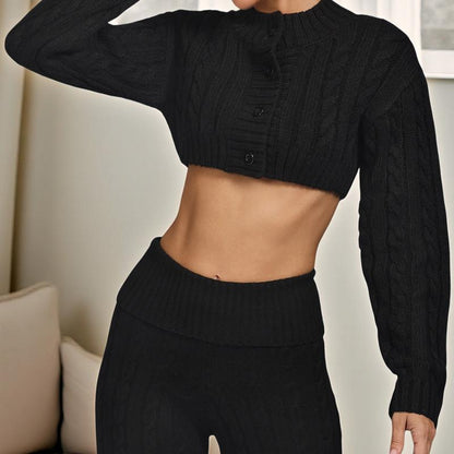 Fisoew Women'S Cable Knit Sweater Set Two Piece Outfit Cropped Cardigan and High Waist Flare Pants Casual Knitwear